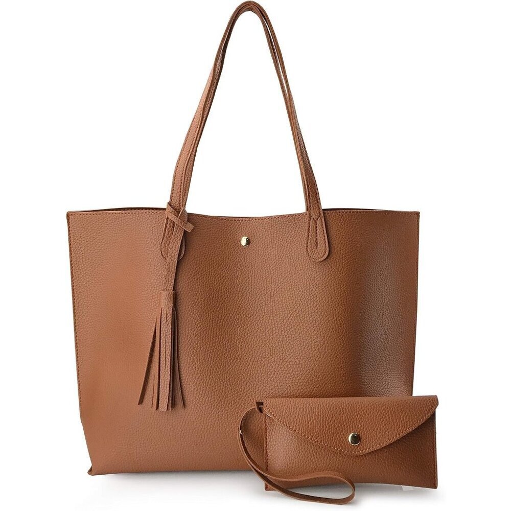 Minimalist Clean Cut Pebbled Faux Leather Tote Womens Shoulder Handbag